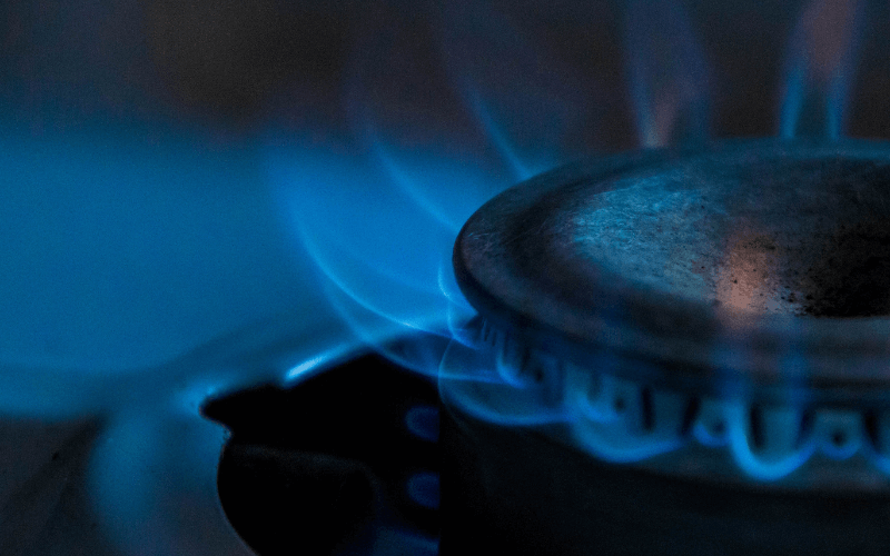 A close-up photo of an ignited propane stove burner with blue flames.